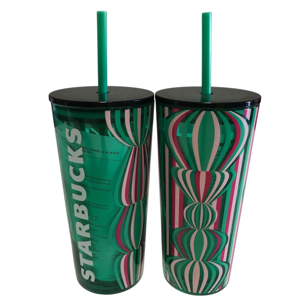 Starbucks (2) NEW‎ Green and Pink Patterned Stripe Ornaments Tumblers.Size 18oz.